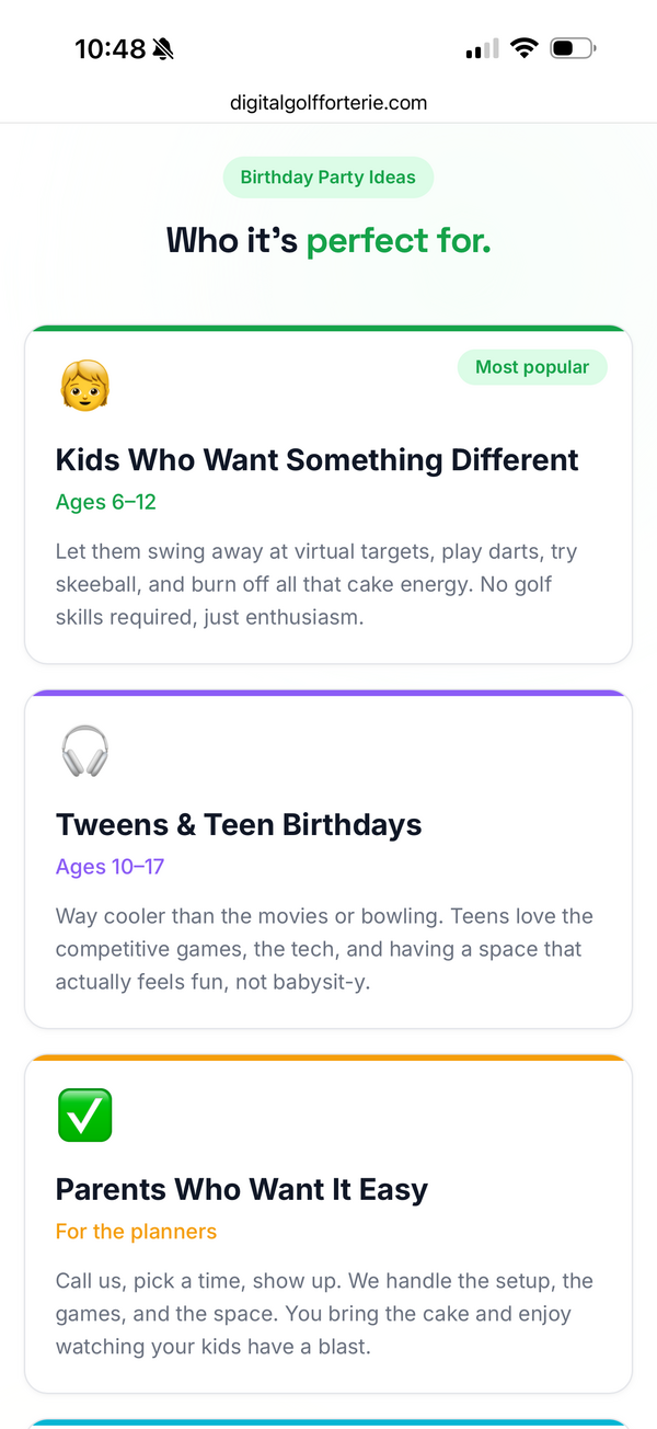 Mobile view of the birthday party landing page showing the 'Who it's perfect for' section with party ideas for different ages.