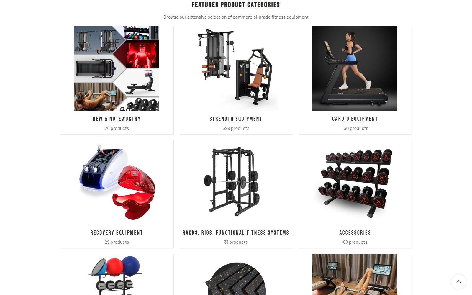 The Featured Product Categories grid on the new site, showing nine category tiles including New and Noteworthy, Strength Equipment and Cardio Equipment with product counts.