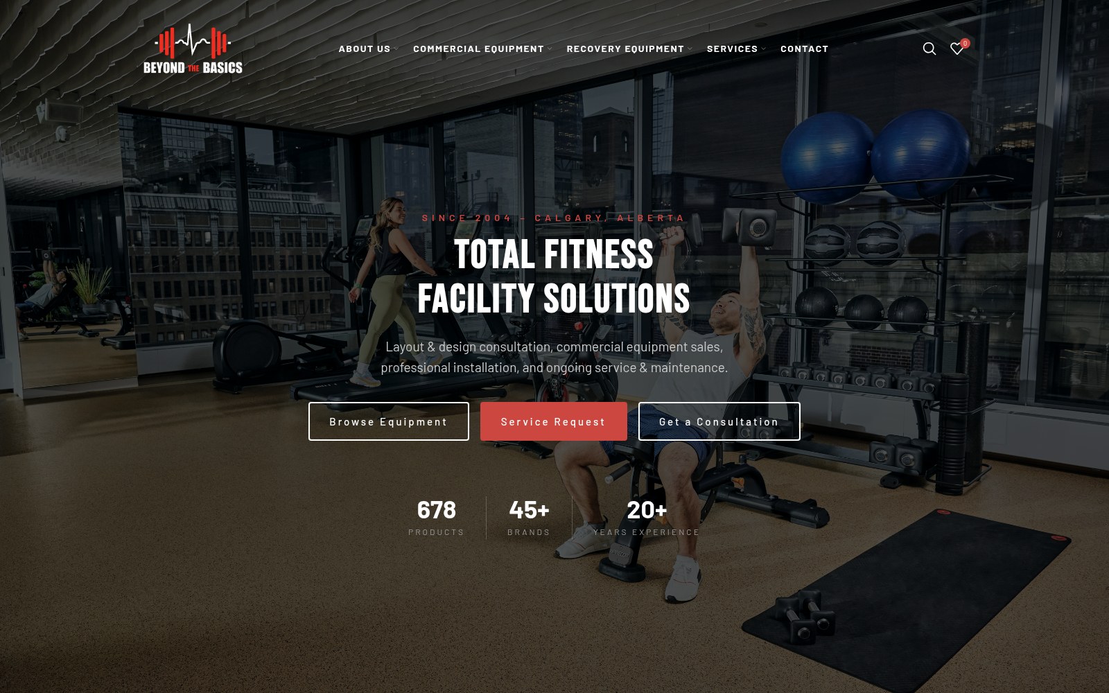 The rebuilt Beyond the Basics Fitness homepage, showing a full-screen gym hero with the headline Total Fitness Facility Solutions and live counters for products, brands and years in business.