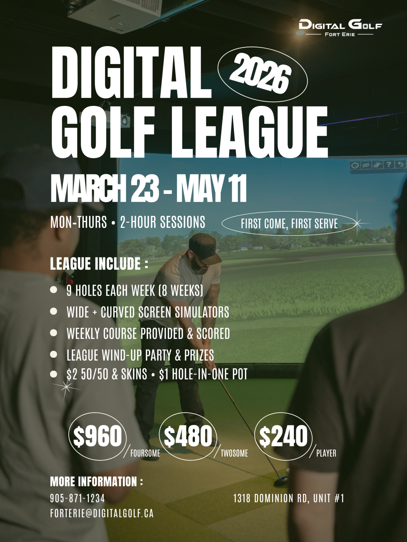 2026 Digital Golf League promotional flyer: runs March 23 to May 11, Monday to Thursday, 2-hour sessions, with foursome, twosome and individual pricing.