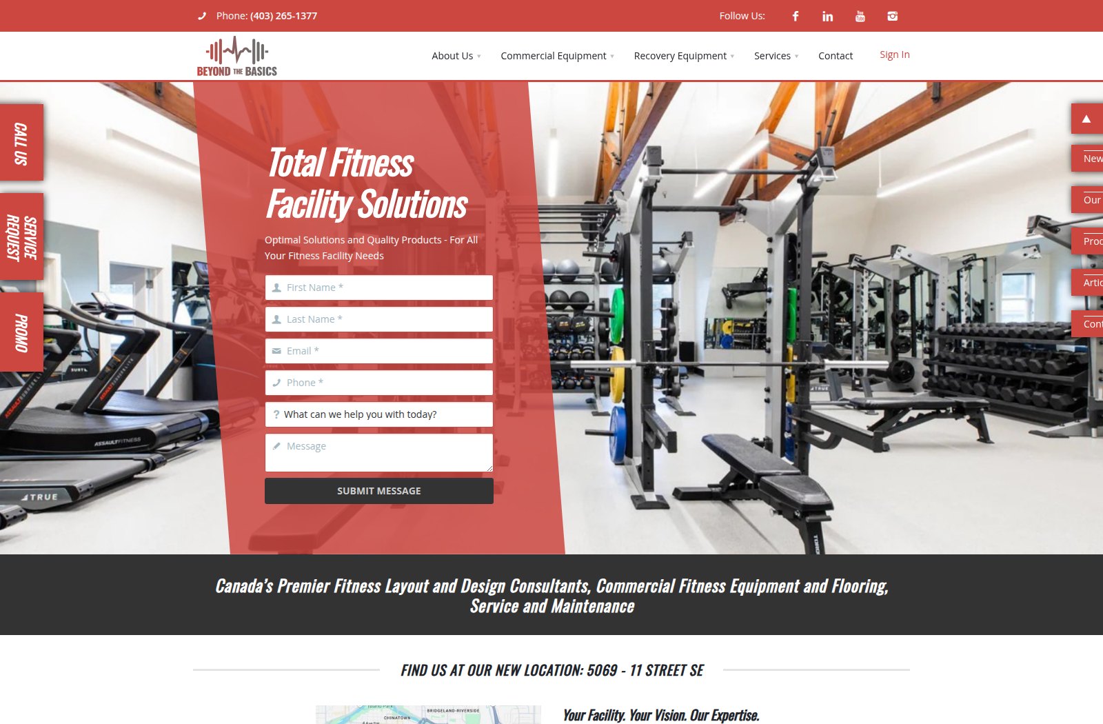 The previous Beyond the Basics Fitness homepage: a red angled contact form overlaying a gym photo, with a fixed sidebar of promotional tabs.