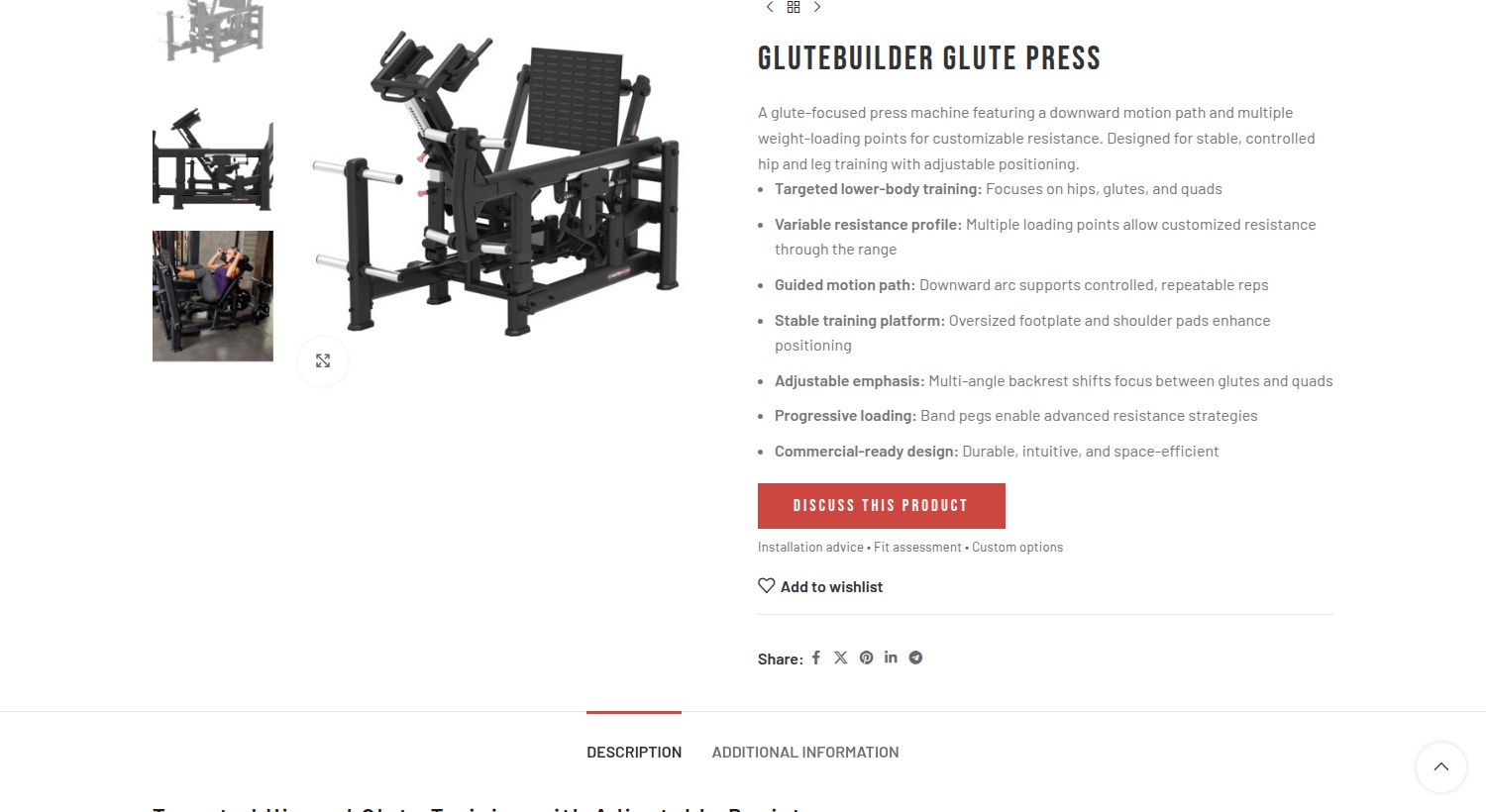A product page for a Glutebuilder Glute Press showing structured specifications and a Discuss This Product button.