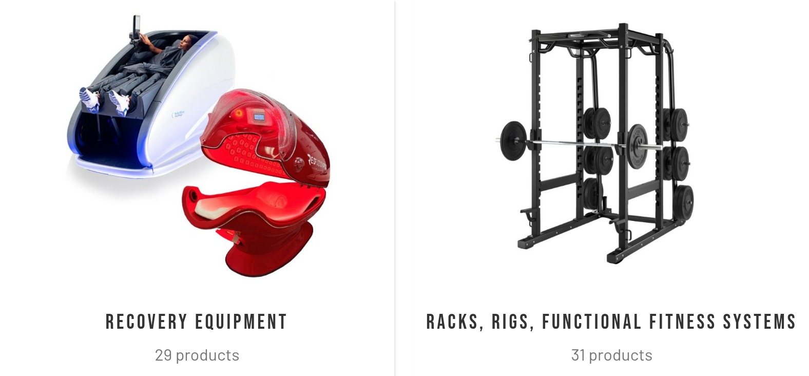 Two featured category tiles on the rebuilt homepage, each with photography and a live product count.
