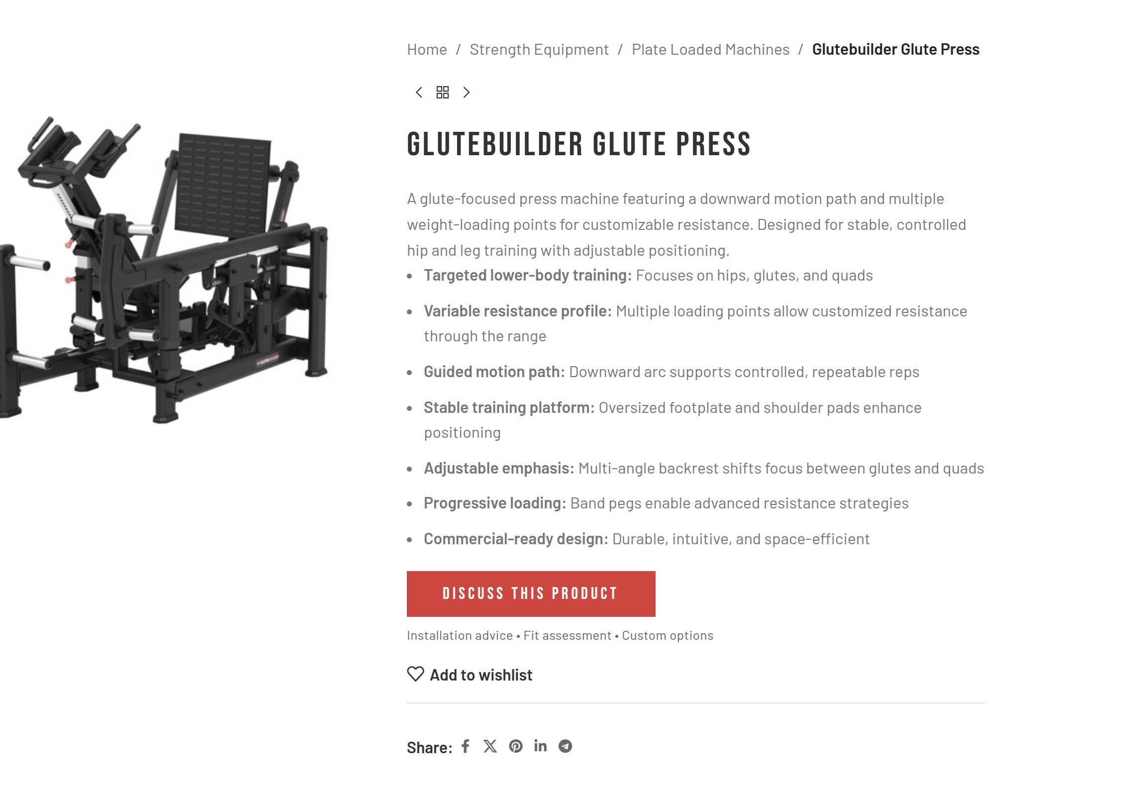 A product page for the Glutebuilder Glute Press with structured specifications ending in a Discuss This Product button instead of add to cart.