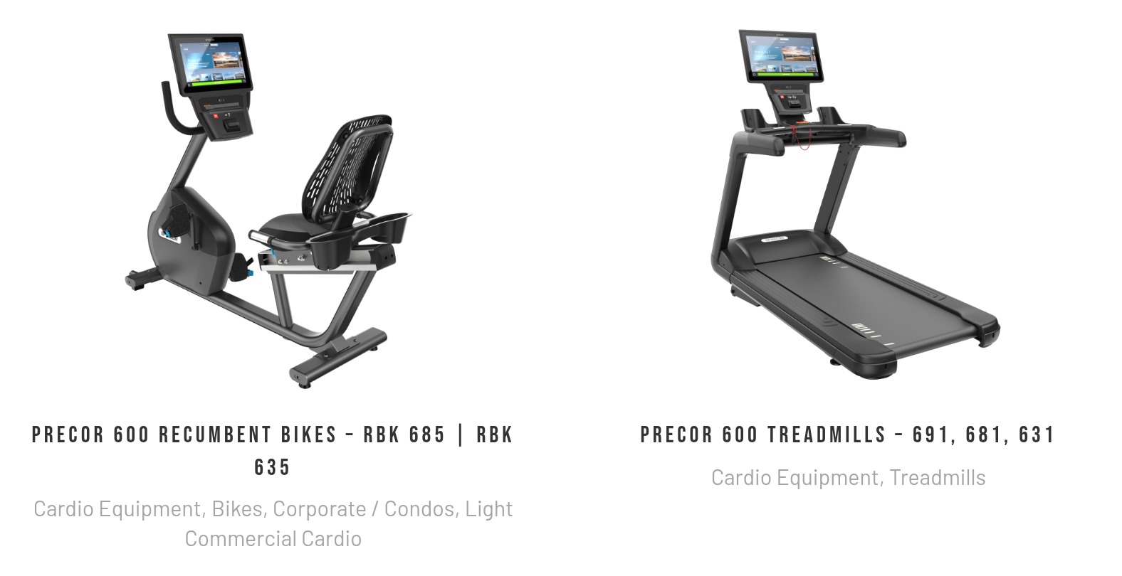 Two cardio equipment products with their category labels listing treadmills and bikes with their category labels.