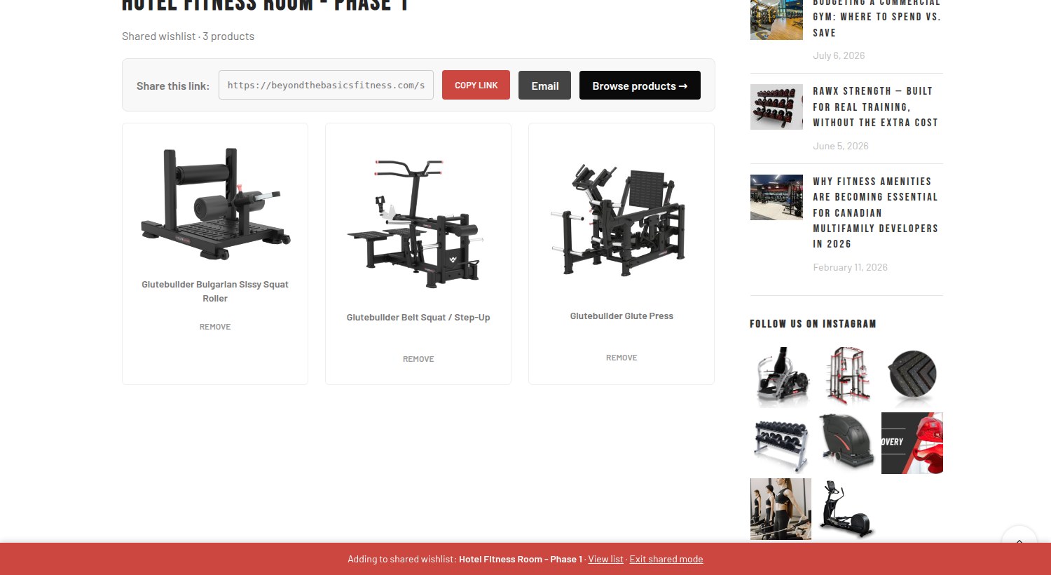A shared wishlist listing three saved machines with a shareable link plus copy link and email controls.